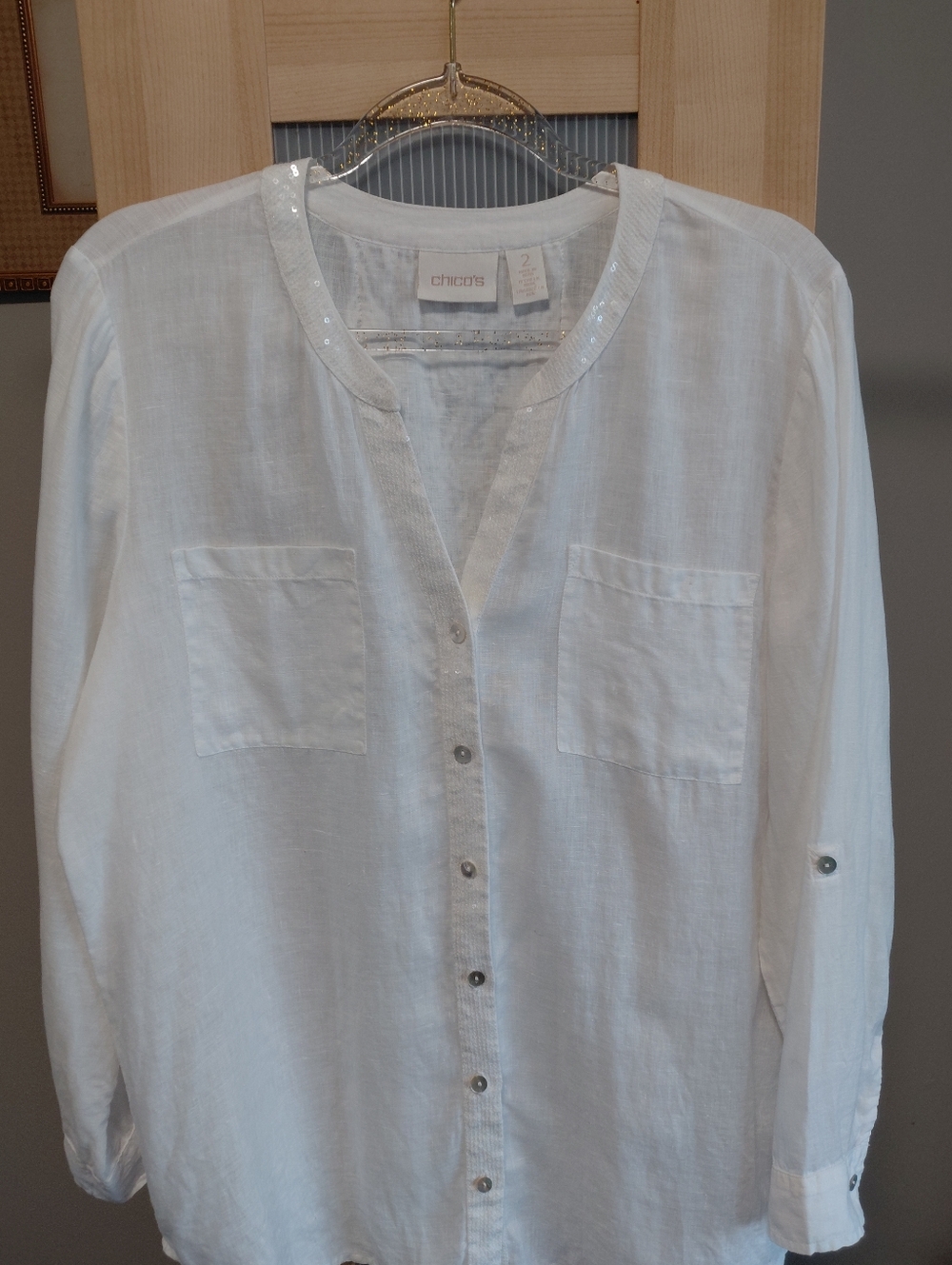 Chico's White Linen Button-Down Shirt With Sequin And Embroidered Accents